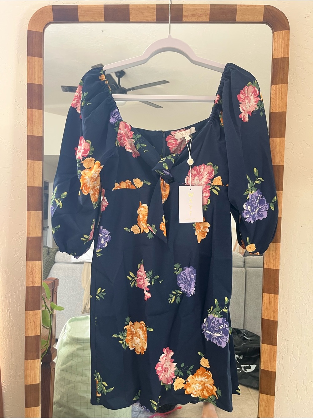 WAYF Eunice Floral Knot Mini Dress Navy Blue
